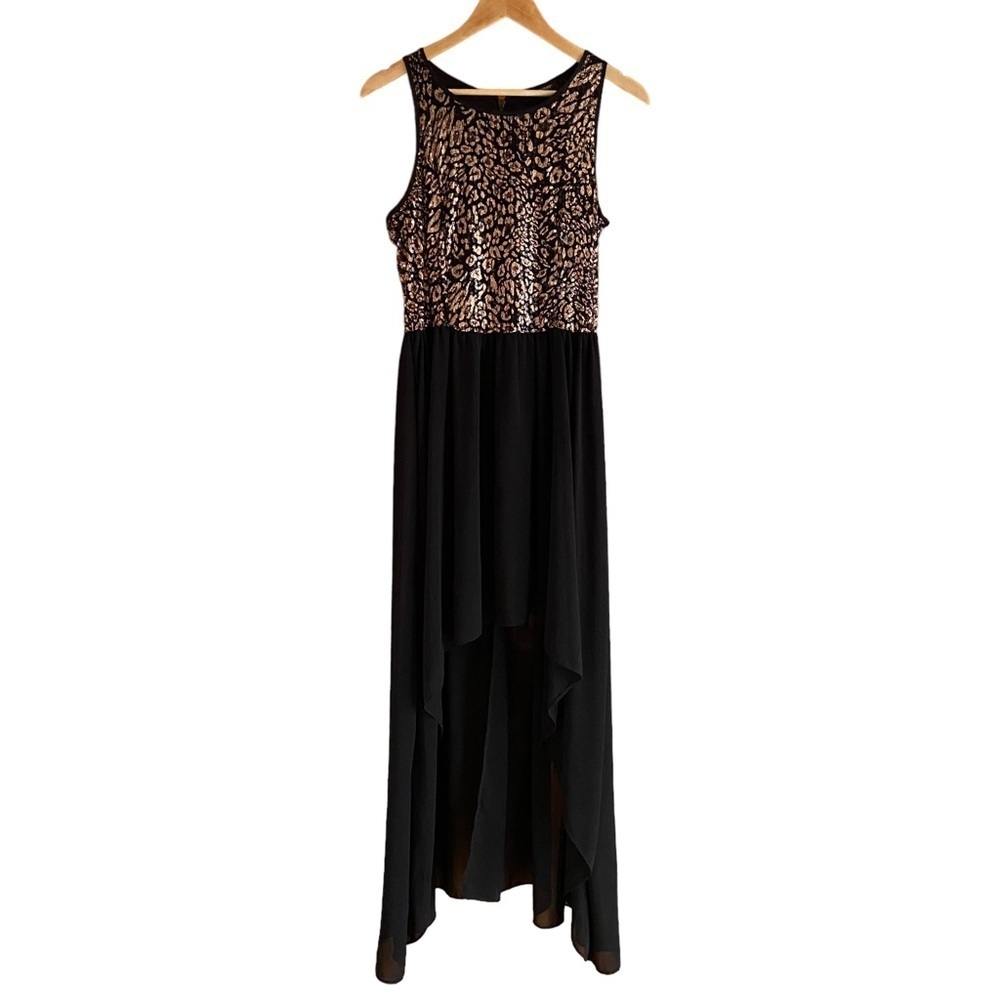 Candy Couture High Low Maxi Dress Black Gold Animal Print Cocktail Party Medium